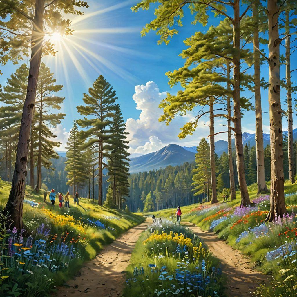 A serene landscape depicting a lush green forest intertwined with vibrant wildflowers, symbolizing nature's beauty. In the foreground, a group of diverse people of various ages are planting trees and caring for wildlife, showcasing a connection between health and nature. Hovering above, a golden ribbon dances in the breeze, representing cancer awareness. Bright blue skies and sunrays penetrate through the trees, infusing warmth and hope. super-realistic. vibrant colors. nature-inspired.