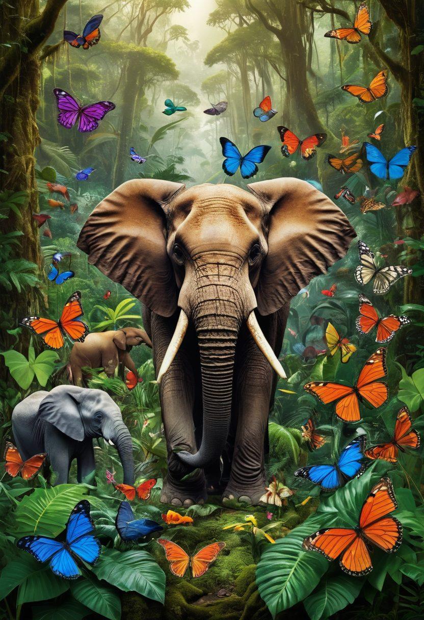 An intricate collage depicting diverse wildlife in a vibrant rainforest, intertwined with molecular structures symbolizing cancer research. Include animals such as elephants and butterflies, along with laboratory equipment and DNA strands, emphasizing the connection between biodiversity and health. The scene should convey harmony between nature and science, highlighting a healthy ecosystem. ultra-realistic. vibrant colors. nature-inspired.